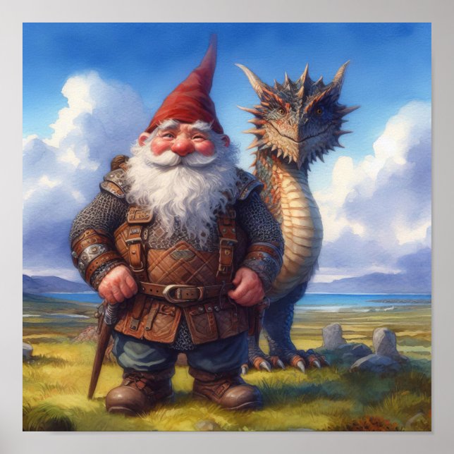 En Gnome Warrior Posing med sin drake Poster (Framsidan)