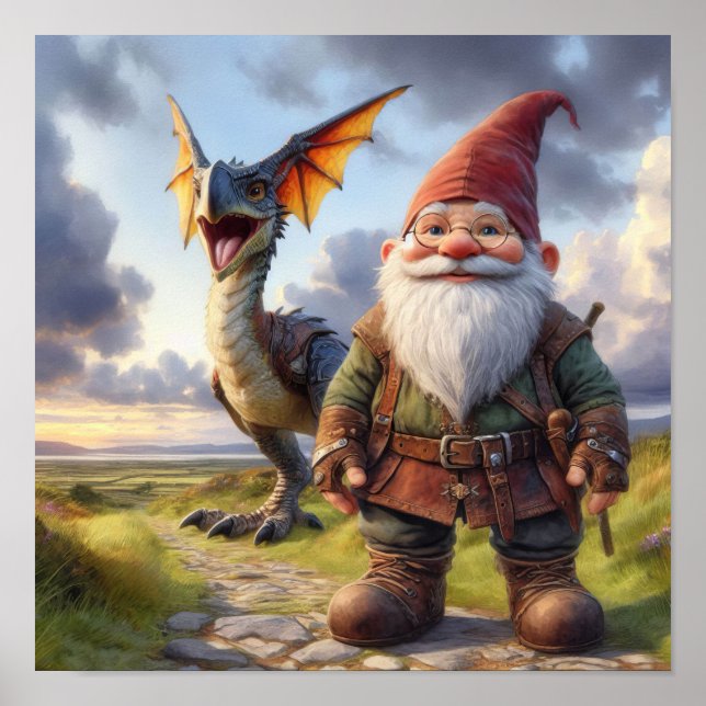 En Gnome Warrior Posing med sin drake Poster (Framsidan)