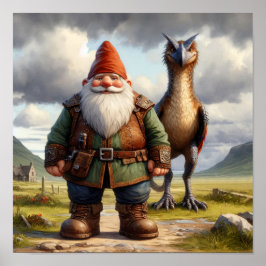 En Gnome Warrior Posing med sin drake Poster