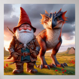 En Gnome Warrior som står med sin Dragon Poster