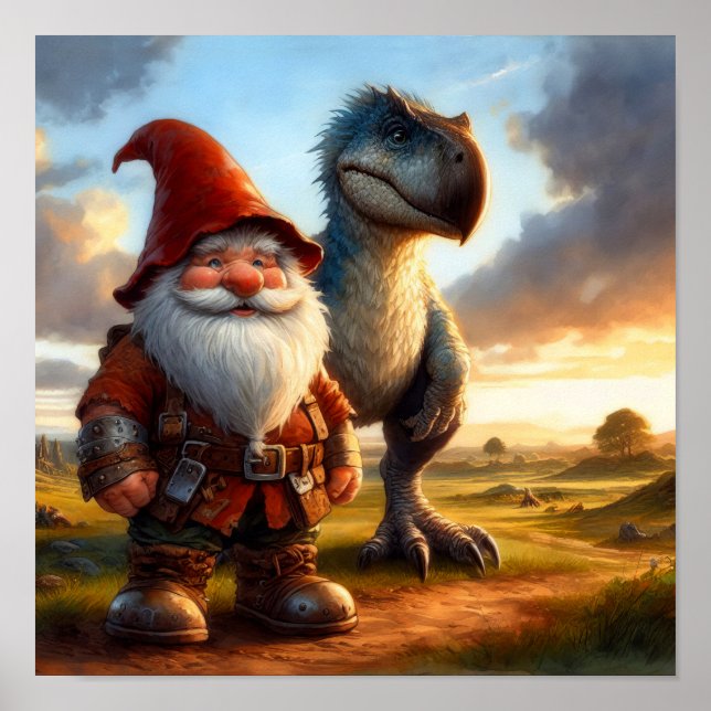 En Gnome Warrior som står med sin Dragon Poster (Framsidan)