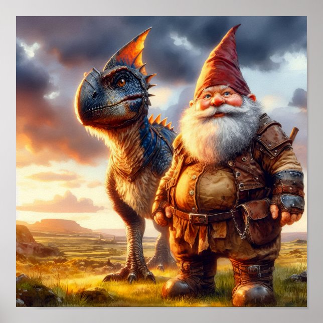 En Gnome Warrior som står med sin Dragon Poster (Framsidan)