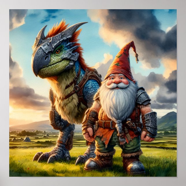 En Gnome Warrior som står med sin Dragon Poster (Framsidan)