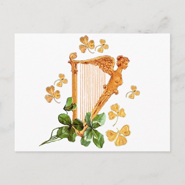 En Golden Irish Harp omgiven av Shamrocks Vykort (Framsida)