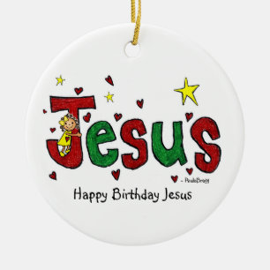 En grattis på födelsedagenJesus kram från lite Julgransprydnad Keramik