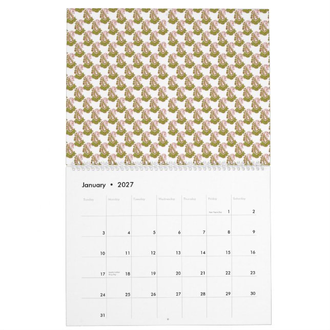 en grönt och vit bakgrund med liten löv kalender (Jan 2027)