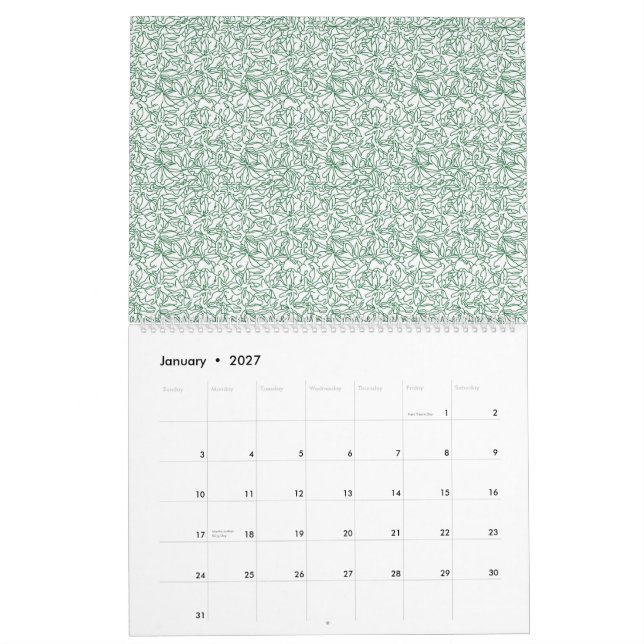 en grönt och vit bakgrund med liten löv kalender (Jan 2027)