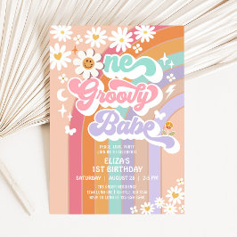 En Groovy Babe 1:a Daisy Rainbow Födelsedag Inbjudningar