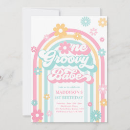 En Groovy Babe Boho Daisy Rainbow 1 födelsedag Inbjudningar