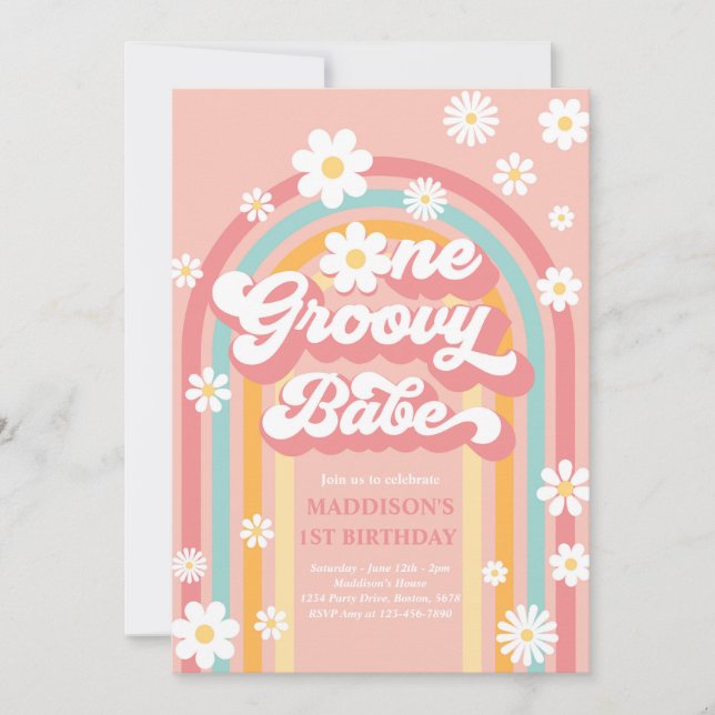En Groovy Babe Boho Daisy Rainbow 1 födelsedag Inbjudningar (Framsida)