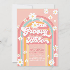 En Groovy Babe Boho Daisy Rainbow 1 födelsedag Inbjudningar