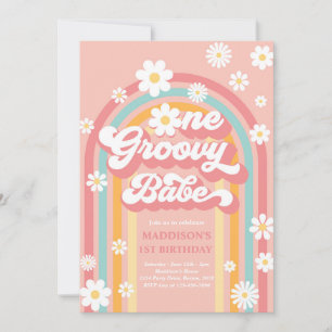 En Groovy Babe Boho Daisy Rainbow 1 födelsedag Inbjudningar