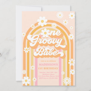 En Groovy Babe Boho Daisy Rainbow 1 födelsedag Inbjudningar