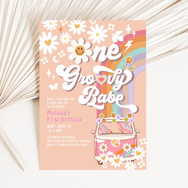 En Groovy Babe Daisy Rainbow 1-årsdag Inbjudningar (Skapare uppladdad)