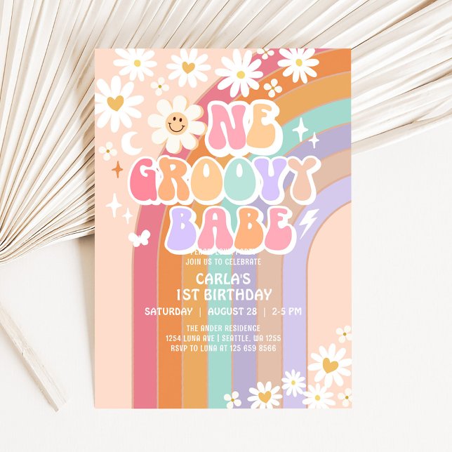 En Groovy Babe Daisy Rainbow Retro 1:a födelsedage Inbjudningar (Skapare uppladdad)