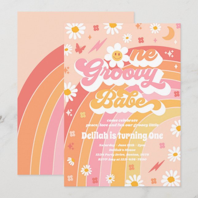 En Groovy Babe Peace Kärlek Party Regnbåge Birthda Inbjudningar (Fram/baksida)