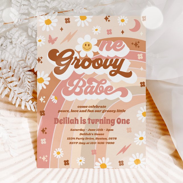 En Groovy Babe Peace Kärlek Party Regnbåge Birthda Inbjudningar (Skapare uppladdad)