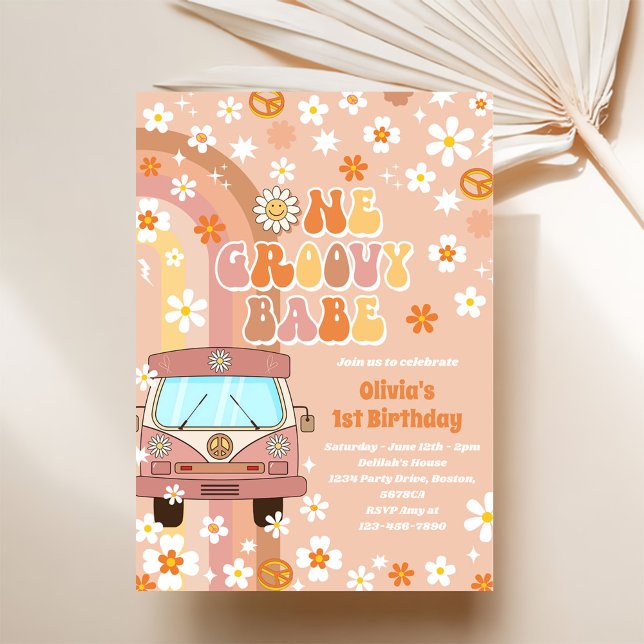 En Groovy Babe Retro Rainbow 1 födelsedag Inbjudningar (Skapare uppladdad)