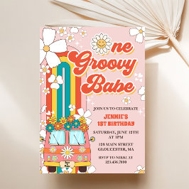 En Groovy Babe Retro Rainbow 1 födelsedag Inbjudningar