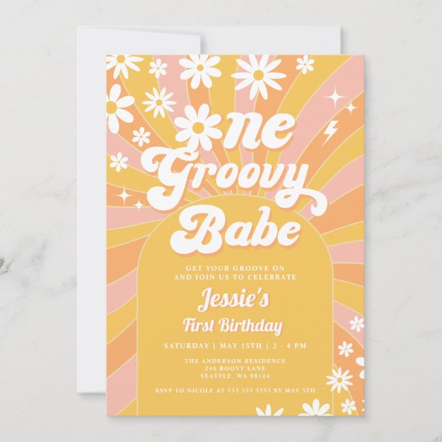 En Groovy Babe Rosa Daisy Sunshine 1:a födelsedage Inbjudningar (Framsida)