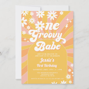 En Groovy Babe Rosa Daisy Sunshine 1:a födelsedage Inbjudningar
