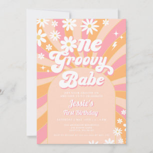 En Groovy Babe Rosa Tusenskönor Retro 1-års Födels Inbjudningar