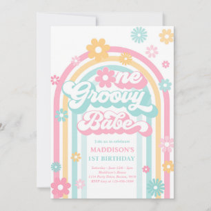 En Groovy Baby Boho Daisy Rainbow 1-årsfest Inbjudningar