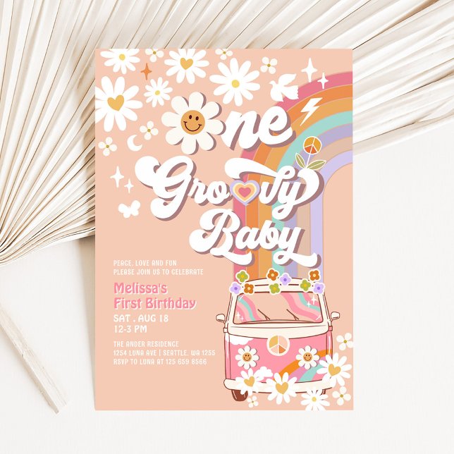 En Groovy Baby Daisy Regnbåge 1:a födelsedag Inbjudningar (Skapare uppladdad)