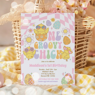 En Groovy Chick Vår Daisy 1:a födelsedag Party Inbjudningar