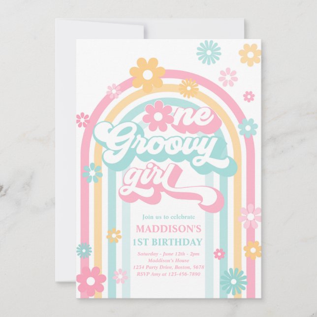En Groovy Girl Boho Daisy Rainbow 1st Birthday Inbjudningar (Framsida)