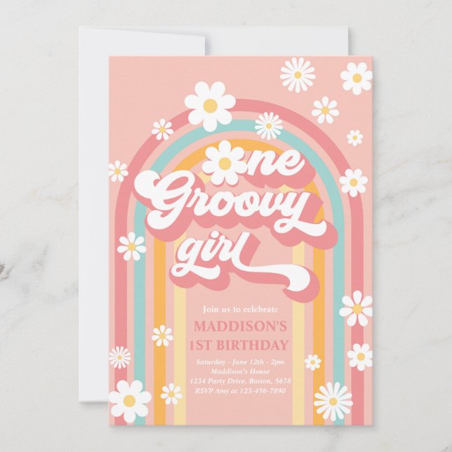 En Groovy Girl Boho Daisy Rainbow 1st Birthday Inbjudningar (Framsida)