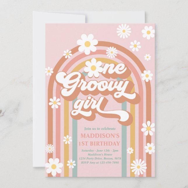 En Groovy Girl Boho Daisy Rainbow 1st Birthday Inbjudningar (Framsida)