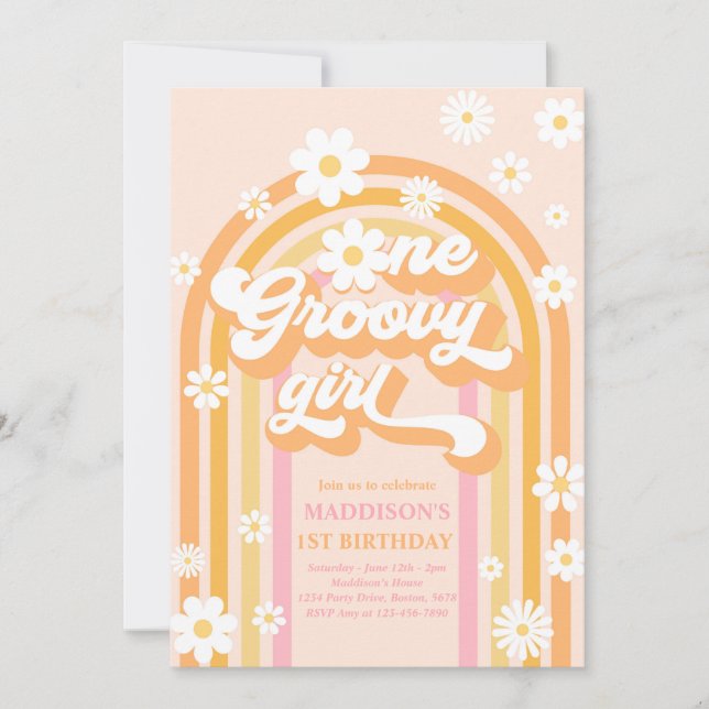 En Groovy Girl Boho Daisy Rainbow 1st Birthday Inbjudningar (Framsida)