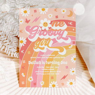 En Groovy Girl Peace Kärlek Party Rainbow Birthday Inbjudningar
