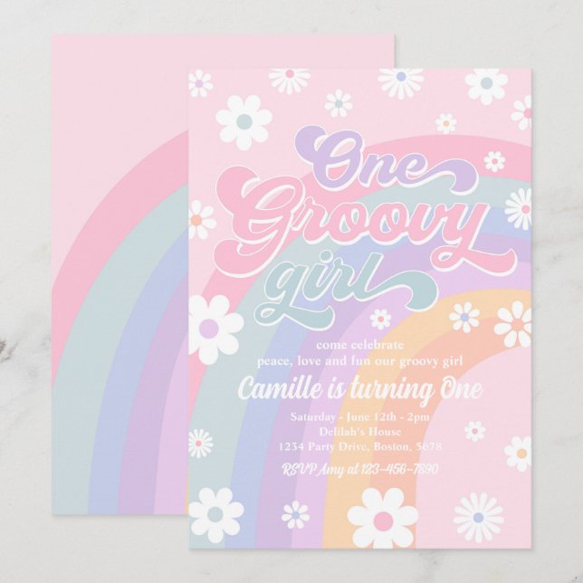 En Groovy Girl Retro Daisy Rosa Rainbow Birthday Inbjudningar (Fram/baksida)