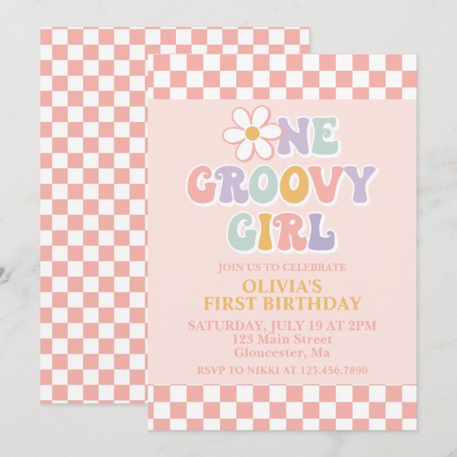 En Groovy Girl Retro Girl First Birthday Inbjudningar (Fram/baksida)