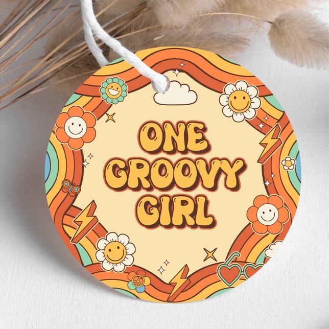 En Groovy Girl Retro Rainbow 1 Birthday Party Gåvor Etiketter (Skapare uppladdad)