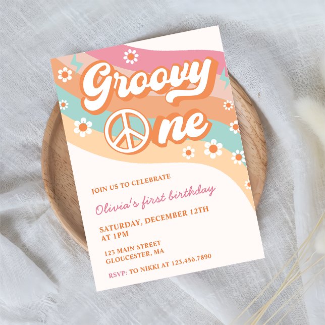 En Groovy Retro-Daisy 1:a födelsedagen Party Inbjudningar (Skapare uppladdad)