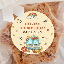 En Groovy Retro Rainbow 1:a födelsedag Runt Klistermärke