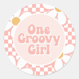 En groovy tjej Rosa Daisy-ruta Runt Klistermärke