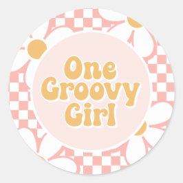 En groovy tjej Rosa Daisy-ruta Runt Klistermärke
