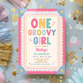 En Groovy Tjej Whimsical Tjej 1-års Födelsedagsfes Inbjudningar