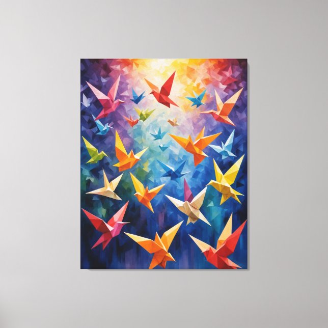 en grupp färgfåglar origami canvastryck (Framsida)