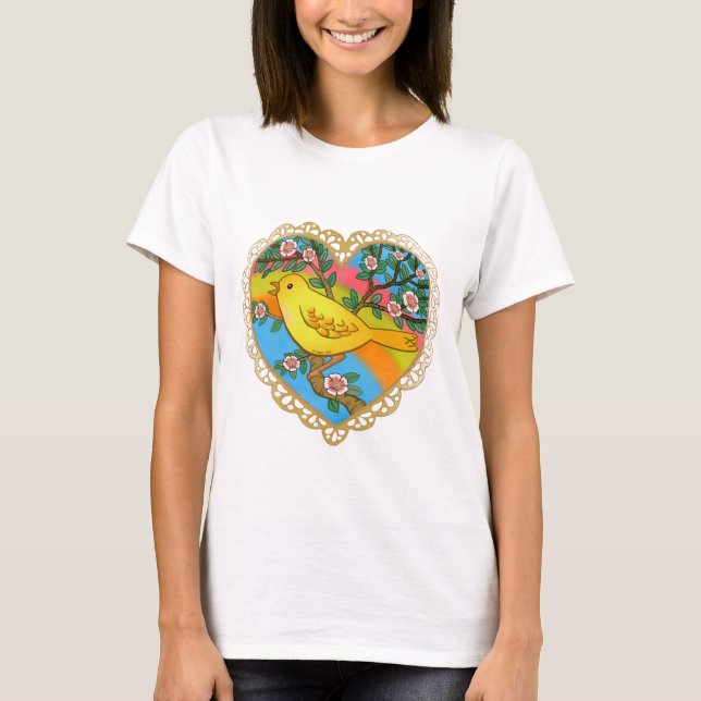 En gul hjärta fågel t-shirt (Framsida)