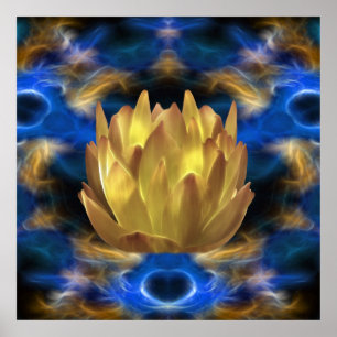 En guld- lotusblommablomma och reflexioner poster