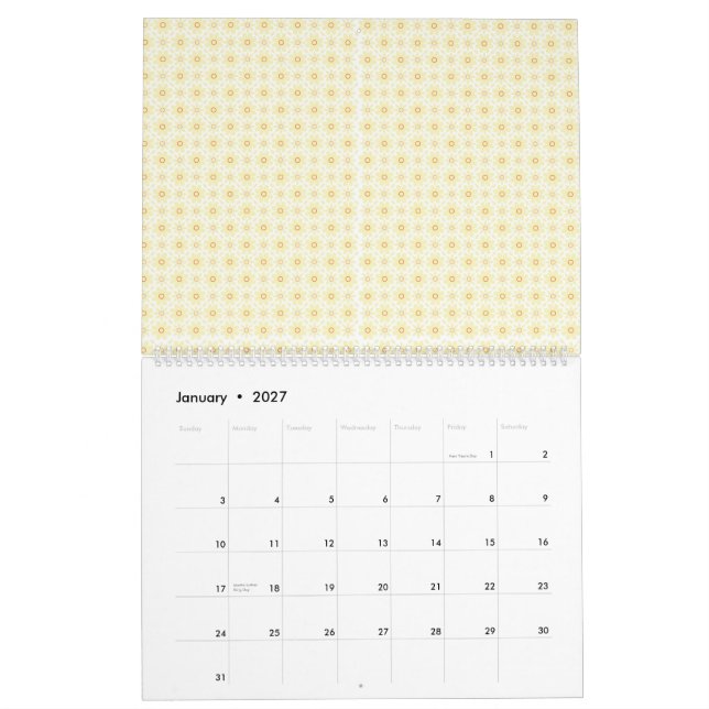 en gult och vit bakgrund med små cirklar kalender (Jan 2027)
