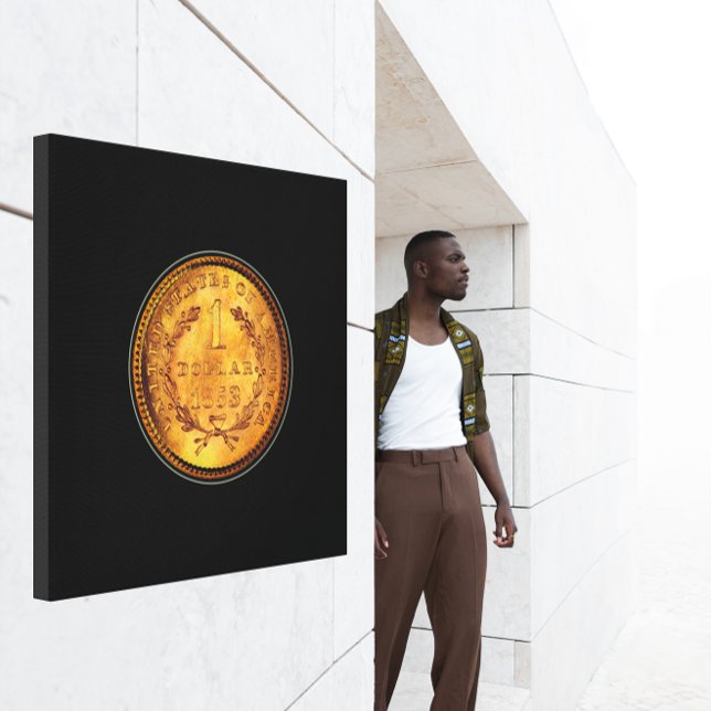 En gyllene dollar 1853 myntbakgrund, svart bakgrun canvastryck (One Golden Dollar 1853 Coin Black Background Canvas Print)