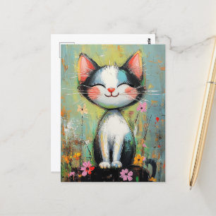 En gynnsam katt och blommor vykort