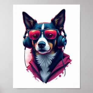 En Habu hund som bär solglasögon och hörlurar Poster