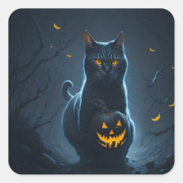 En Halloween-katt med en lysande jackolantern Fyrkantigt Klistermärke